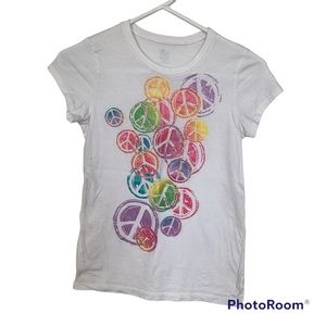 BOGO 🥳 Children’s Place white short sleeve T-shirt girls L 10/12 glitter peace